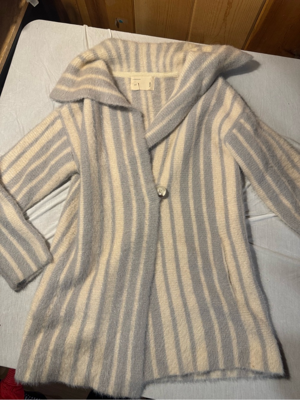 Moth Anthropologie Gray Ivory Striped Fuzzy Cardigan XXSP